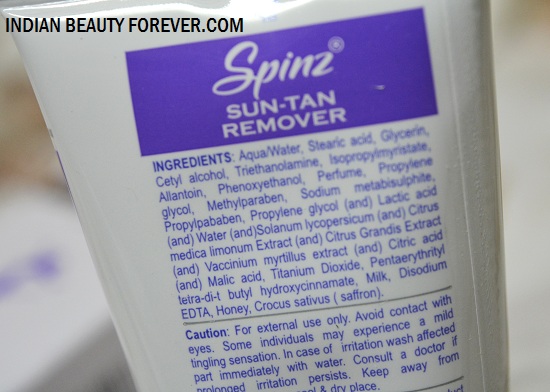 Spinz Sun Tan Remover ingredients