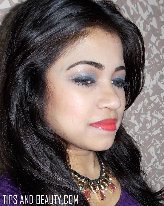 Smokey Blue eyes and Coral Lips party makeup Look 2