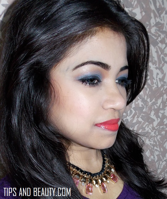 Smokey Blue eyes and Coral Lips party makeup Look 3