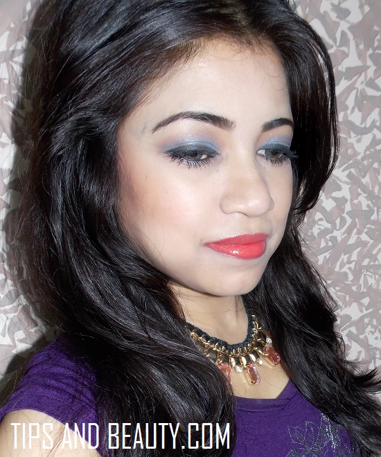 Smokey Blue eyes and Coral Lips party makeup Look 7