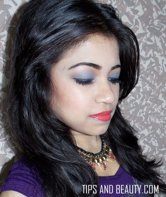 Smokey Blue eyes and Coral Lips party makeup Look 8