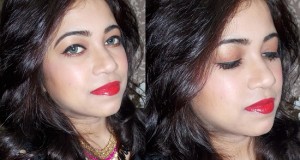 Red lips with winged eye liner eye makeup for Evening functions