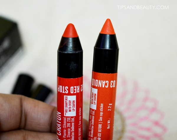 Lakme Enrich Lip crayons in Candid Coral and Red Stop Review, Swatches and Price