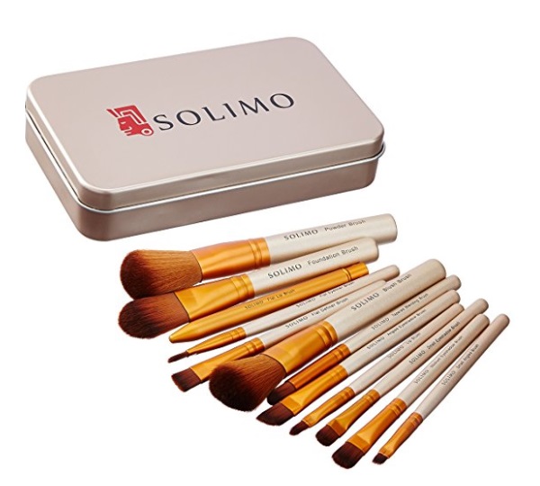 Amazon Brand - Solimo Makeup Brush Set, 12 Pieces with Tin Storage Box