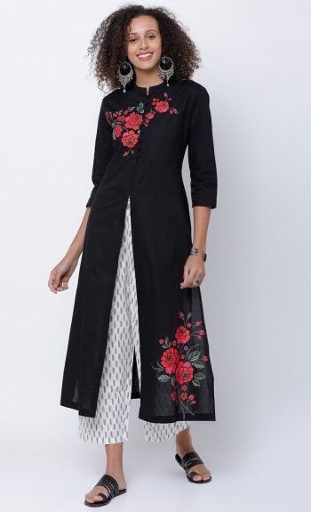 Modern Black Floral A-Line Kurta