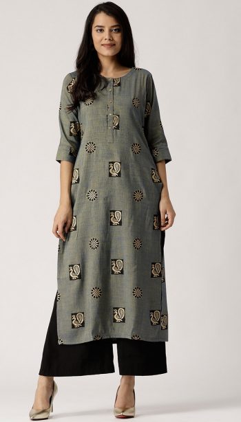 Grey Printed Simple Office Wear Kurta