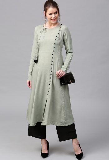 Pastel Olive Green Solid A-Line Kurta