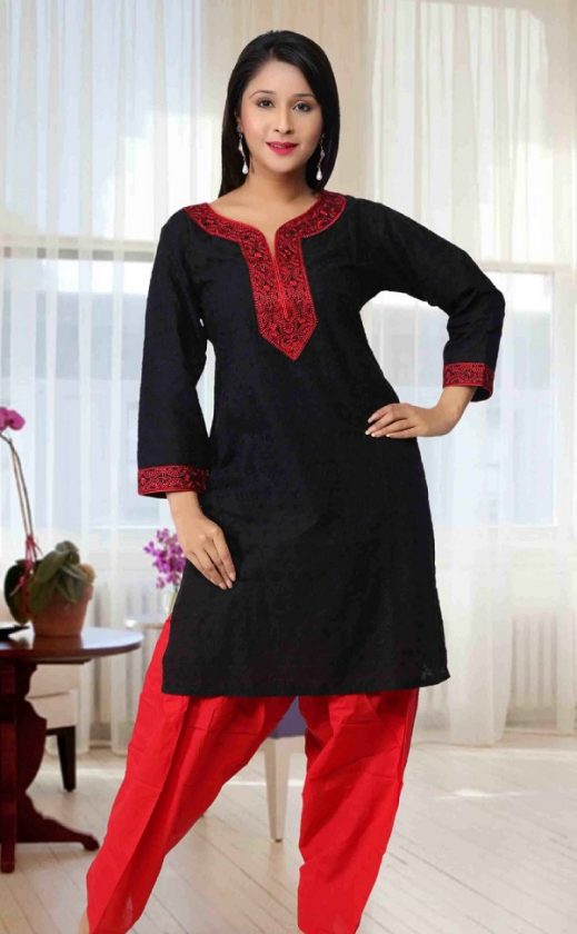 Kurti - 112 - rose printed cotton kurti in black and red