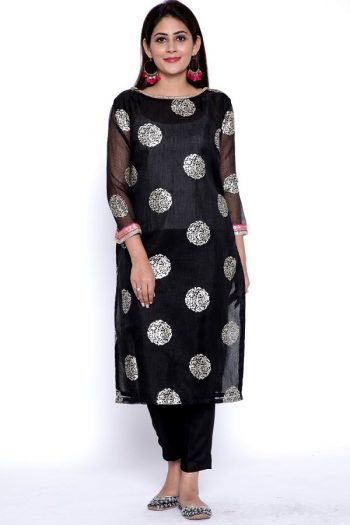 Ethnic Floral Printed Black Kurti in Cotton with Pant