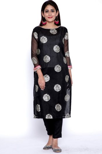 Boat Neck Black Party Wear Kurti