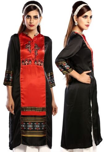 Black and Red Satin Silk Kurta