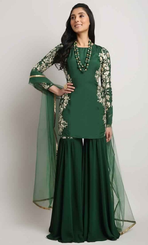 green embroidered kurti with sharara