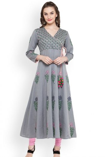 Grey Printed Angrakha Anarkali Kurta