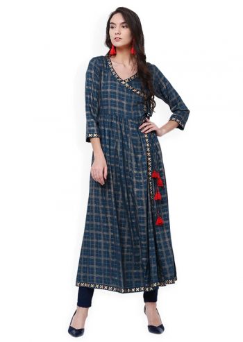 Chequered Blue Angrakha long kurta for women