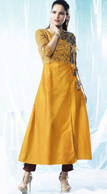 Long Yellow Angrakha Party Wear Kurta for women