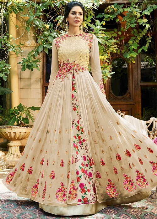 beige kurti with printed lehenga