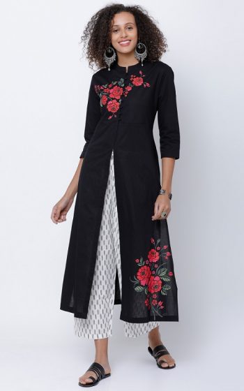 Black floral Embroidery kurta with Centre slit