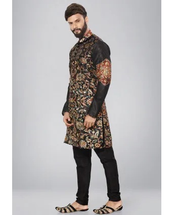 Black Floral Print Kurta For Man