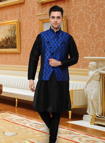 Black Kurta Pajama and Blue Jacket