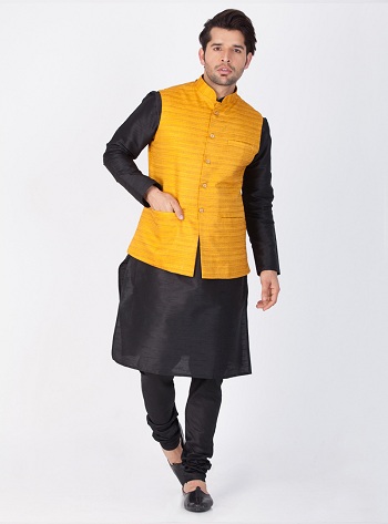 Black Kurta With Yellow Jacket