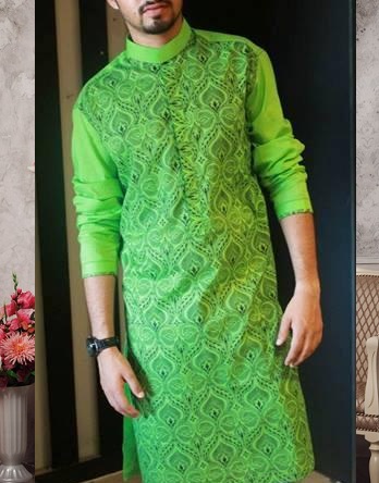 Green Floral Kurta Print For Men