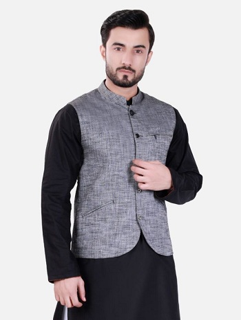 Grey Jacket with Black Kurta Pajama