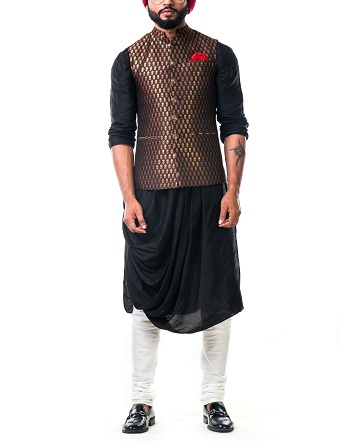 Plain Black Kurta With Golden Waistcoat