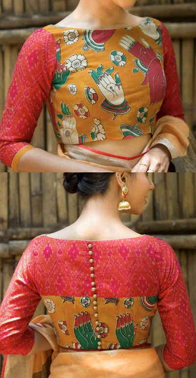 boat neck kalamkari blouse
