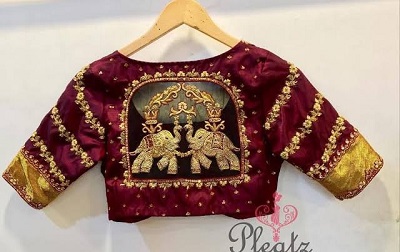 Velvet bridal maroon party wear blouse design