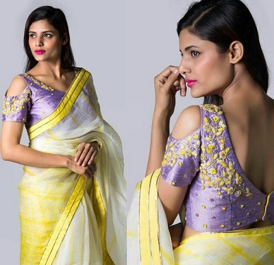 embroidered cold shoulder saree blouse