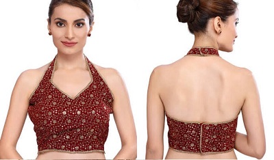 Maroon halter style blouse for saree