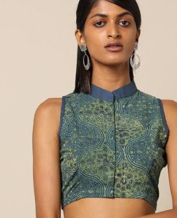 Pochampally Ikat Cotton Half Sleeves Stand Collar Neck Readymade Long Saree  Blouse Dark Jamuni | Shubhsarini Collections