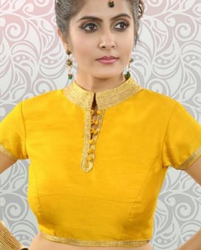 Yellow High Neck blouse for saree with Buttons