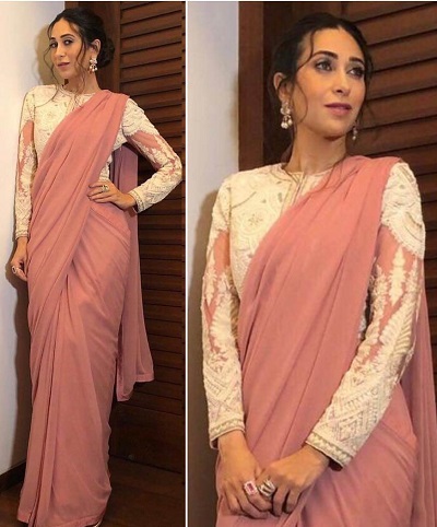 Beige Net Thread Embroidered Heavy Blouse With Black Pink Plain Saree