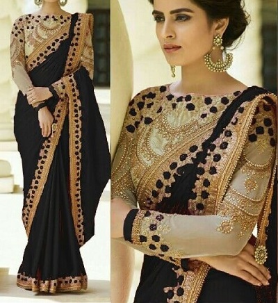Beige and gold plain saree pattern