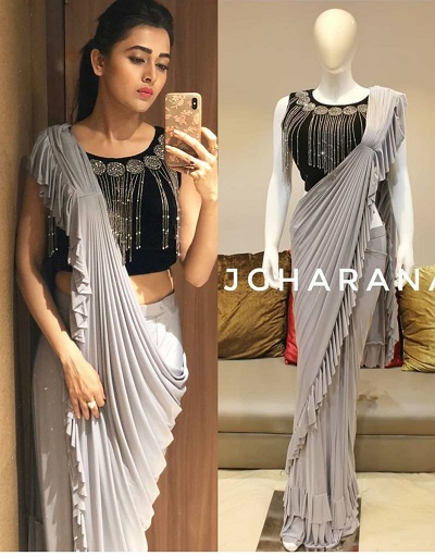 Black Heavy Embellished Velvet Blouse With Grey Plain Saree