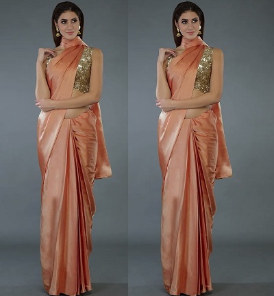 Peach plain saree with sequin blouse for party