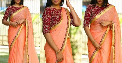 Peach saree with red blouse