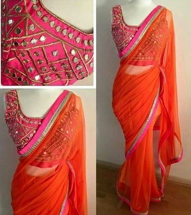 Pink Mirror Work Heavy Blouse With Orange Saree