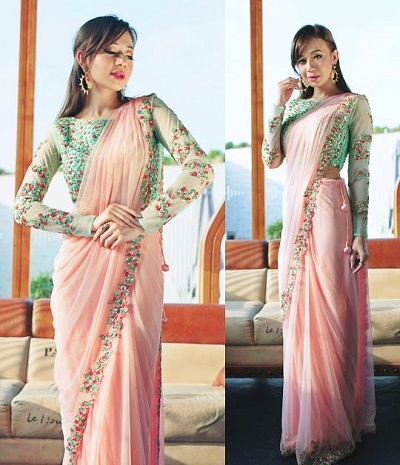 Pink Plain Saree With Blue Embellished Net Blouse