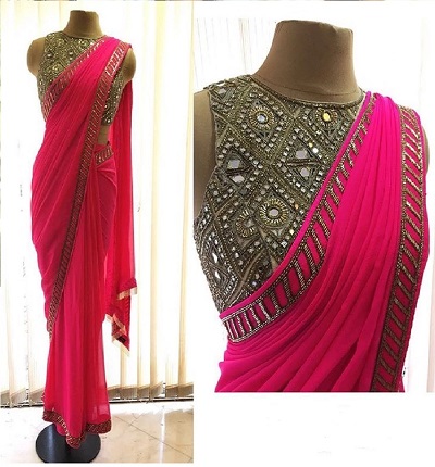 Pink and gold plain saree designer blouse style