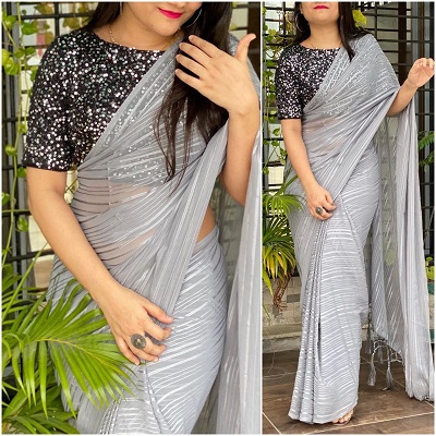 Plain Chiffon Saree With Heavy Sequin Work Black Blouse