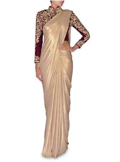 Plain Gold Saree With Velvet Maroon Heavy Blouse