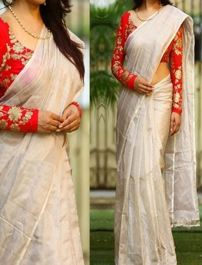 Plain White Saree With Full Sleeves Red Heavy Blouse