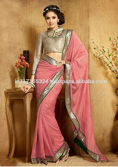 Plain pink saree with silver gold blouse