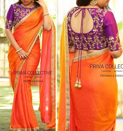 Purple Embellished Heavy Blouse With Plain Orange Saree