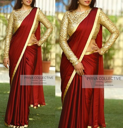 Red plain saree hot sale with designer blouse