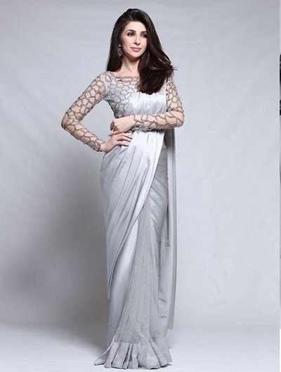 Silver grey plain saree with designer blouse