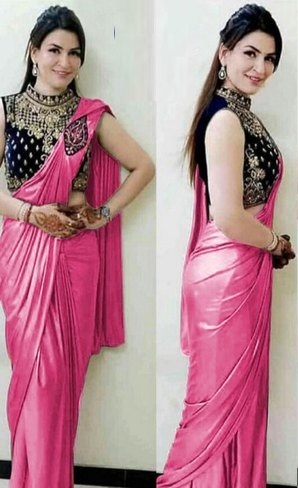 Stylish Black Heavy Embroidered Blouse With Plain Pink Saree