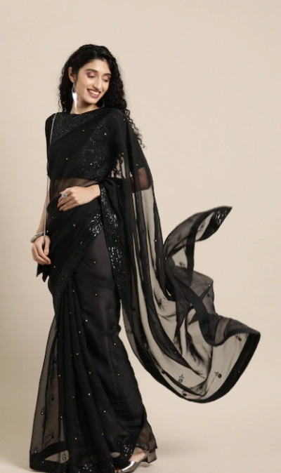 Stylish Plain Black Saree With Heavy Black Blouse